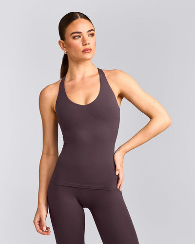 SoftMotion™ Racer Back Tank Top with Built in Bra Shelf | Dark Umber Brown