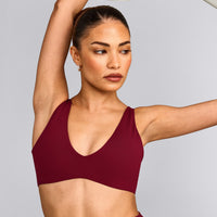 SoftMotion™ Scoop Back Bralette with Grey Logo | Ruby Red