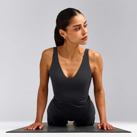 SoftMotion™ Scoop Neck Tank Top with Gray Logo | Coal