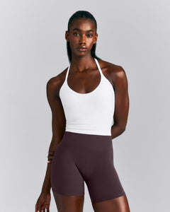 SoftMotion™ Strappy Halter Neck Mid Tank Top with Built in Bra Shelf | White