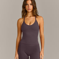 SoftMotion™ Strappy Halter Neck Mid Vest with Built in Bra Shelf with Grey Logo | Dark Umber Brown