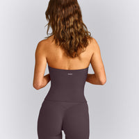 SoftMotion™ Strappy Halter Neck Mid Tank Top with Built in Bra Shelf with Gray Logo | Dark Umber Brown