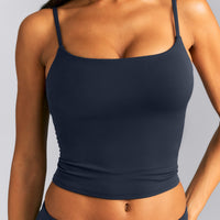 SoftMotion™ Strappy Mid Tank Top with Built in Bra Shelf New Branding | True Blue