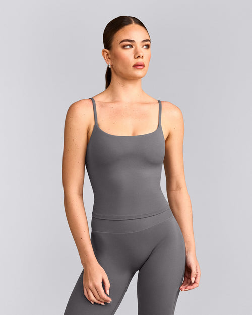 SoftMotion™ Strappy Mid Tank Top with Built in Bra Shelf | Ash Gray