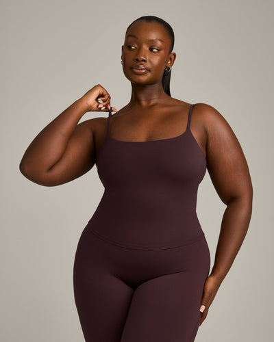 SoftMotion™ Strappy Mid Vest with Built in Bra Shelf with Grey Logo | Plum Brown