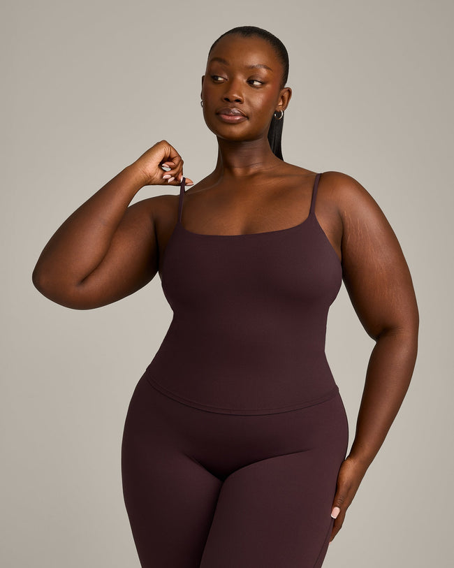 SoftMotion™ Strappy Mid Vest with Built in Bra Shelf with Grey Logo | Plum Brown
