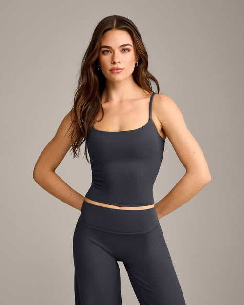 Oner Modal SoftMotion™ Strappy Mid Vest with Built in Bra Shelf with Grey Logo | Coal