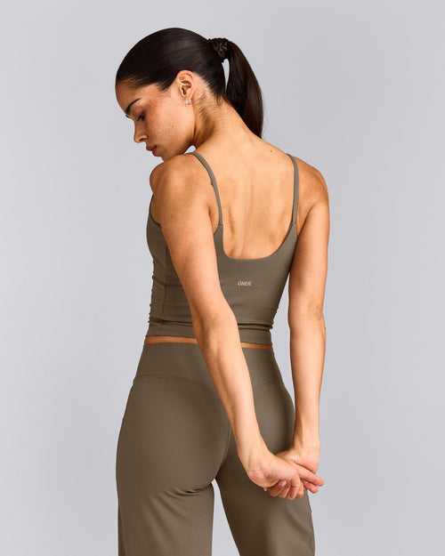 SoftMotion™ Strappy Mid Tank Top with Built in Bra Shelf | Moss Brown