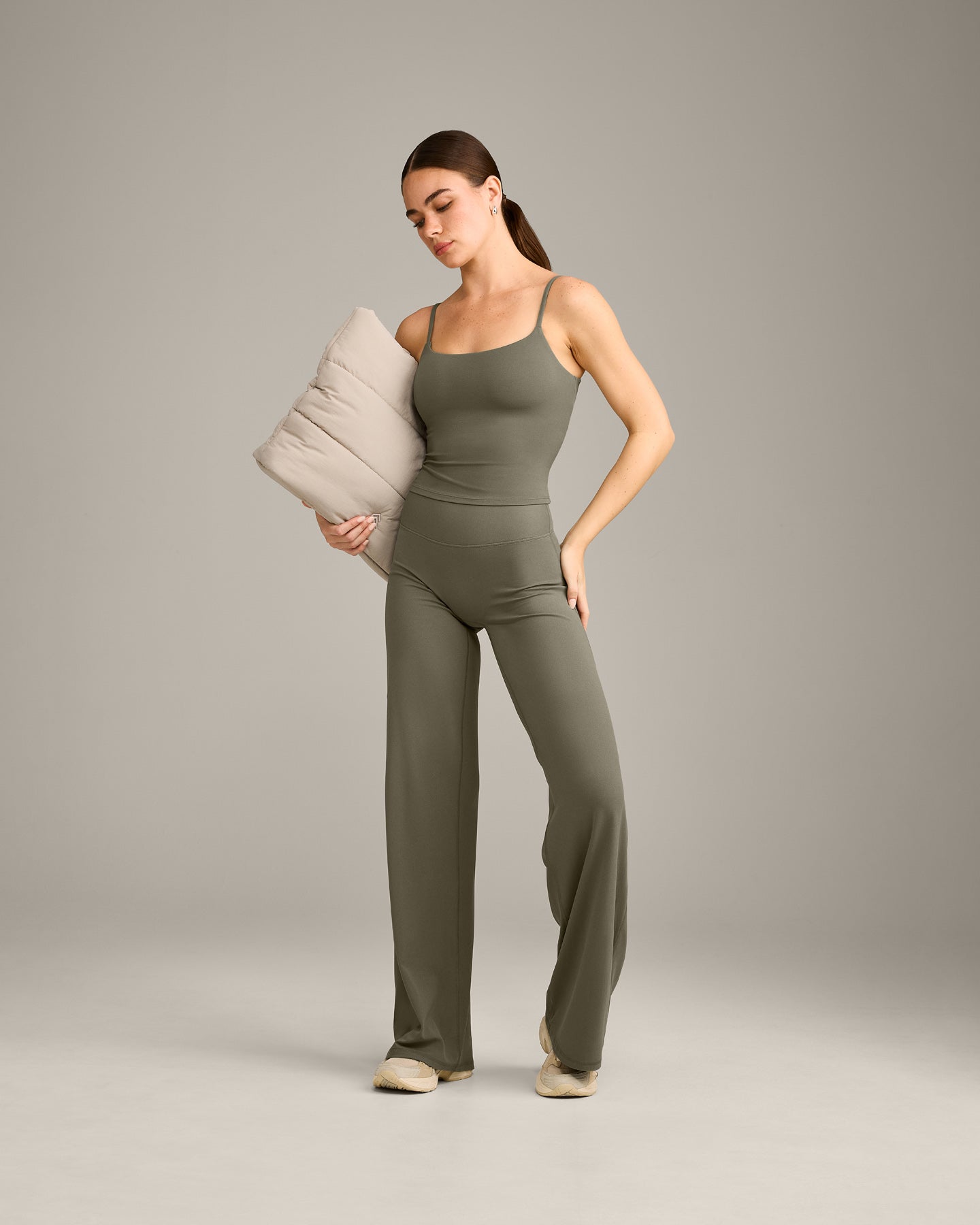 SoftMotion™ Strappy Mid Vest with Built in Bra Shelf with Grey Logo | Alpine Green