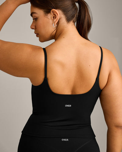 SoftMotion™ Strappy Vest with Built in Bra Shelf with Grey Logo | Black