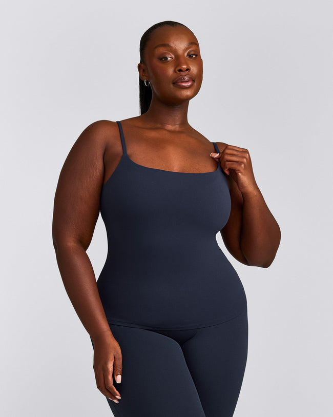 SoftMotion™ Strappy Tank Top with Built in Bra Shelf with Gray Logo | True Blue