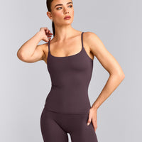SoftMotion™ Strappy Tank Top with Built in Bra Shelf with Gray Logo | Dark Umber Brown