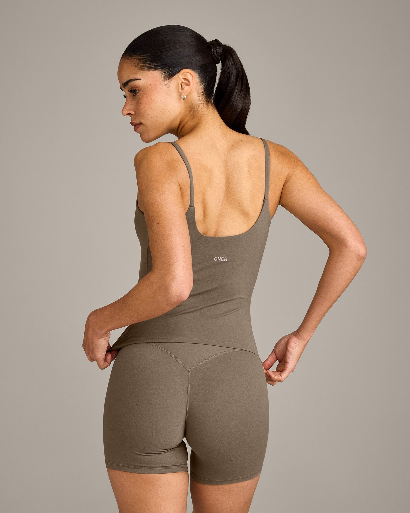 SoftMotion™ Strappy Vest with Built in Bra Shelf with Grey Logo | Moss Brown
