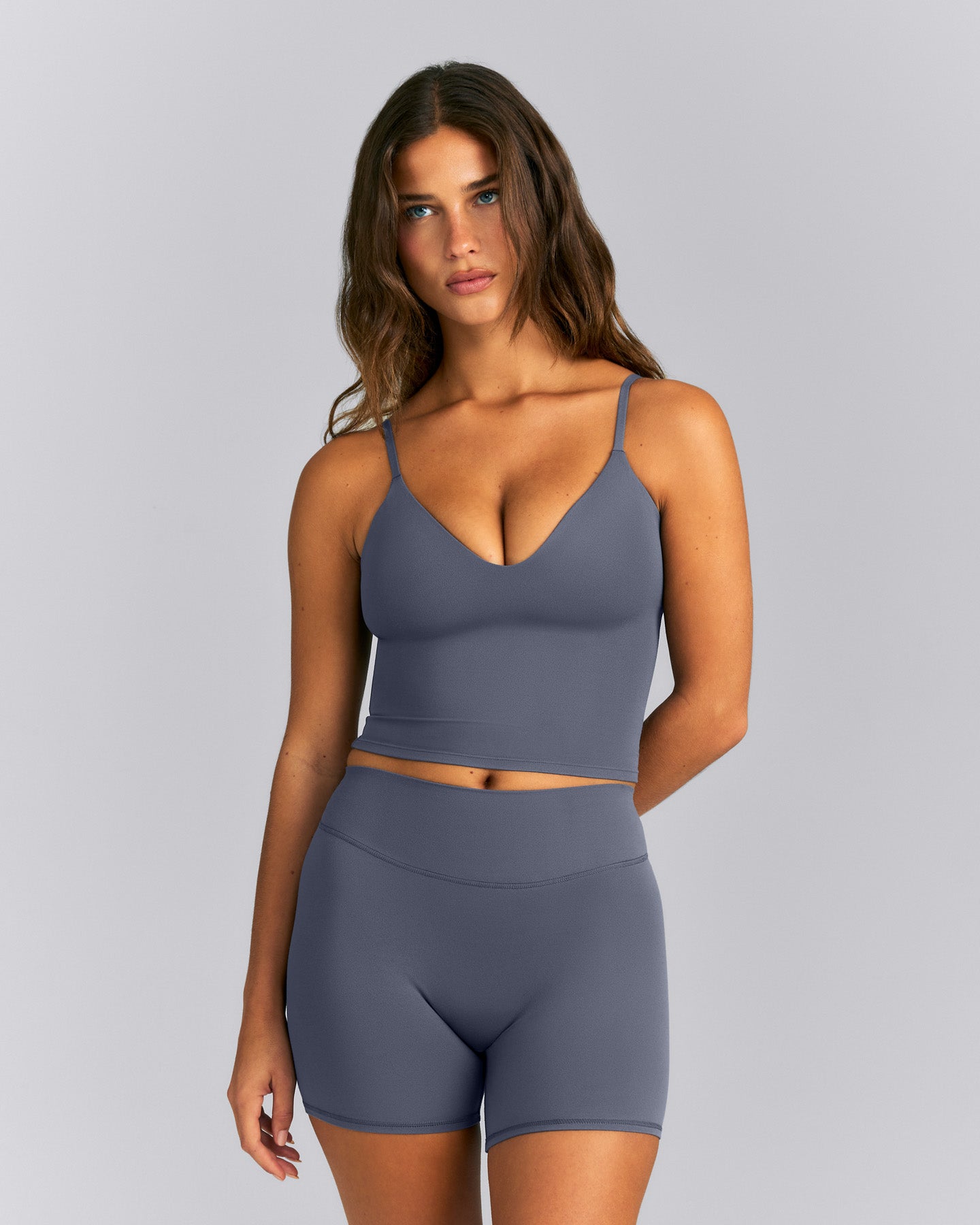 SoftMotion™ Adjustable V Neck Mid Tank Top with Built in Bra Shelf | Granite Blue