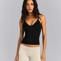 SoftMotion™ Adjustable V Neck Tank Top with Built in Bra Shelf | Black