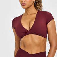 Unified Twist Front Short Sleeve Crop Top White Logo | Rosewood
