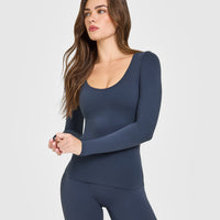 SoftMotion™ Scoop Neck Long Sleeve Top with Built in Bra Shelf with White Logo | True Blue