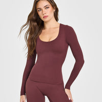 SoftMotion™ Scoop Neck Long Sleeve Top with Built in Bra Shelf with White Logo | Velvet Mocha