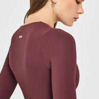 SoftMotion™ Scoop Neck Long Sleeve Top with Built in Bra Shelf with White Logo | Velvet Mocha
