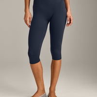 SoftMotion™ High Waisted Capri Leggings with Grey Logo | True Blue