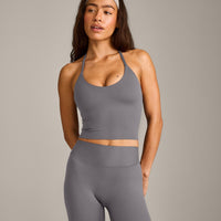 SoftMotion™ Strappy Halter Neck Mid Vest with Built in Bra Shelf with Grey Logo | Ash Grey