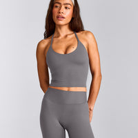 SoftMotion™ Strappy Halter Neck Mid Tank Top with Built in Bra Shelf | Ash Gray
