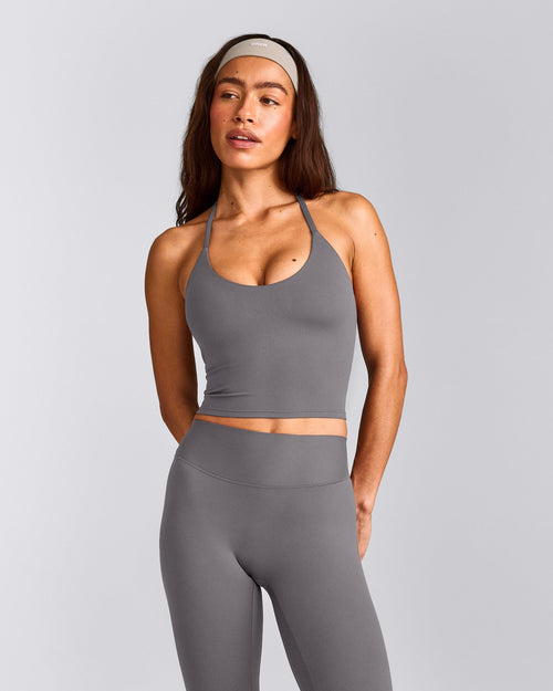 SoftMotion™ Strappy Halter Neck Mid Tank Top with Built in Bra Shelf | Ash Gray