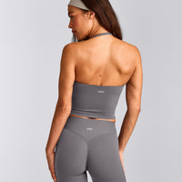 SoftMotion™ Strappy Halter Neck Mid Tank Top with Built in Bra Shelf | Ash Gray
