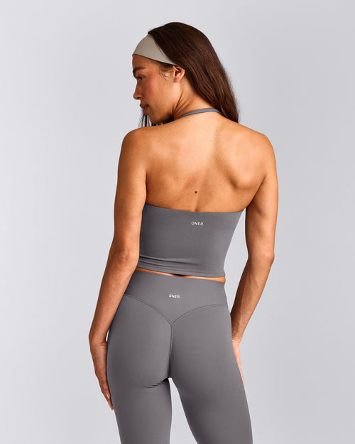 SoftMotion™ Strappy Halter Neck Mid Tank Top with Built in Bra Shelf | Ash Gray