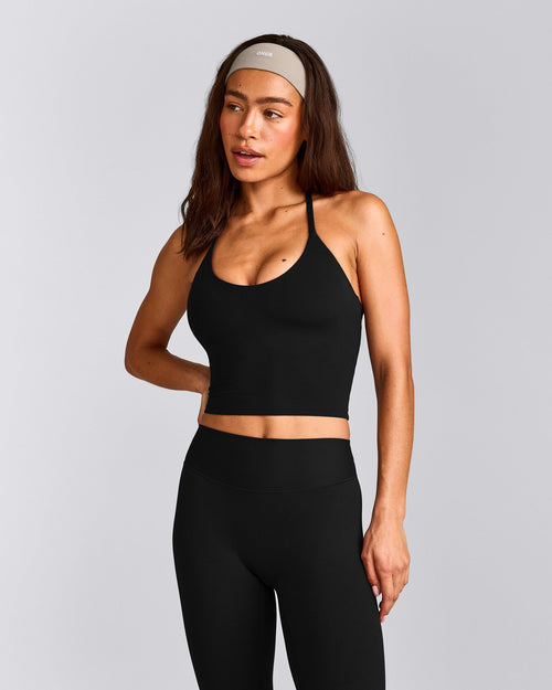 SoftMotion™ Strappy Halter Neck Mid Tank Top with Built in Bra Shelf | Black