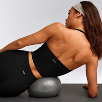 SoftMotion™ Strappy Halter Neck Mid Tank Top with Built in Bra Shelf with Gray Logo | Black
