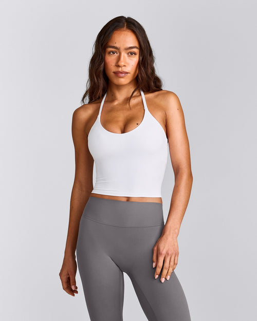 SoftMotion™ Strappy Halter Neck Mid Tank Top with Built in Bra Shelf | White