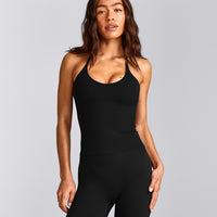 SoftMotion™ Strappy Halter Neck Tank Top with Built in Bra Shelf | Black