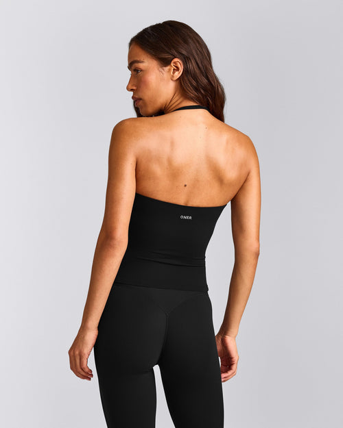 SoftMotion™ Strappy Halter Neck Tank Top with Built in Bra Shelf | Black