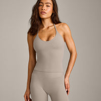SoftMotion™ Strappy Halter Neck Vest with Built in Bra Shelf with White Logo | Warm Sand