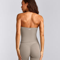 SoftMotion™ Strappy Halter Neck Tank Top with Built in Bra Shelf with White Logo | Warm Sand