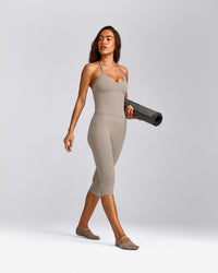 SoftMotion™ Strappy Halter Neck Tank Top with Built in Bra Shelf with White Logo | Warm Sand