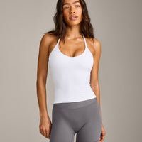 SoftMotion™ Strappy Halter Neck Vest with Built in Bra Shelf with Grey Logo | White