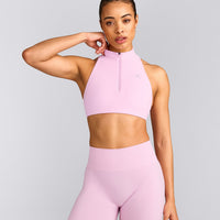 EasyLift™ Zip High Neck Sports Bra with Grey Logo | Chalk Pink