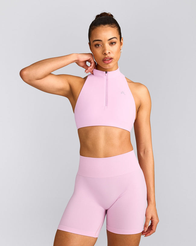 EasyLift™ Zip High Neck Sports Bra with Grey Logo | Chalk Pink