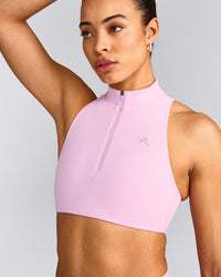 EasyLift™ Zip High Neck Sports Bra with Grey Logo | Chalk Pink