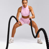 EasyLift™ Zip High Neck Sports Bra with Grey Logo | Chalk Pink