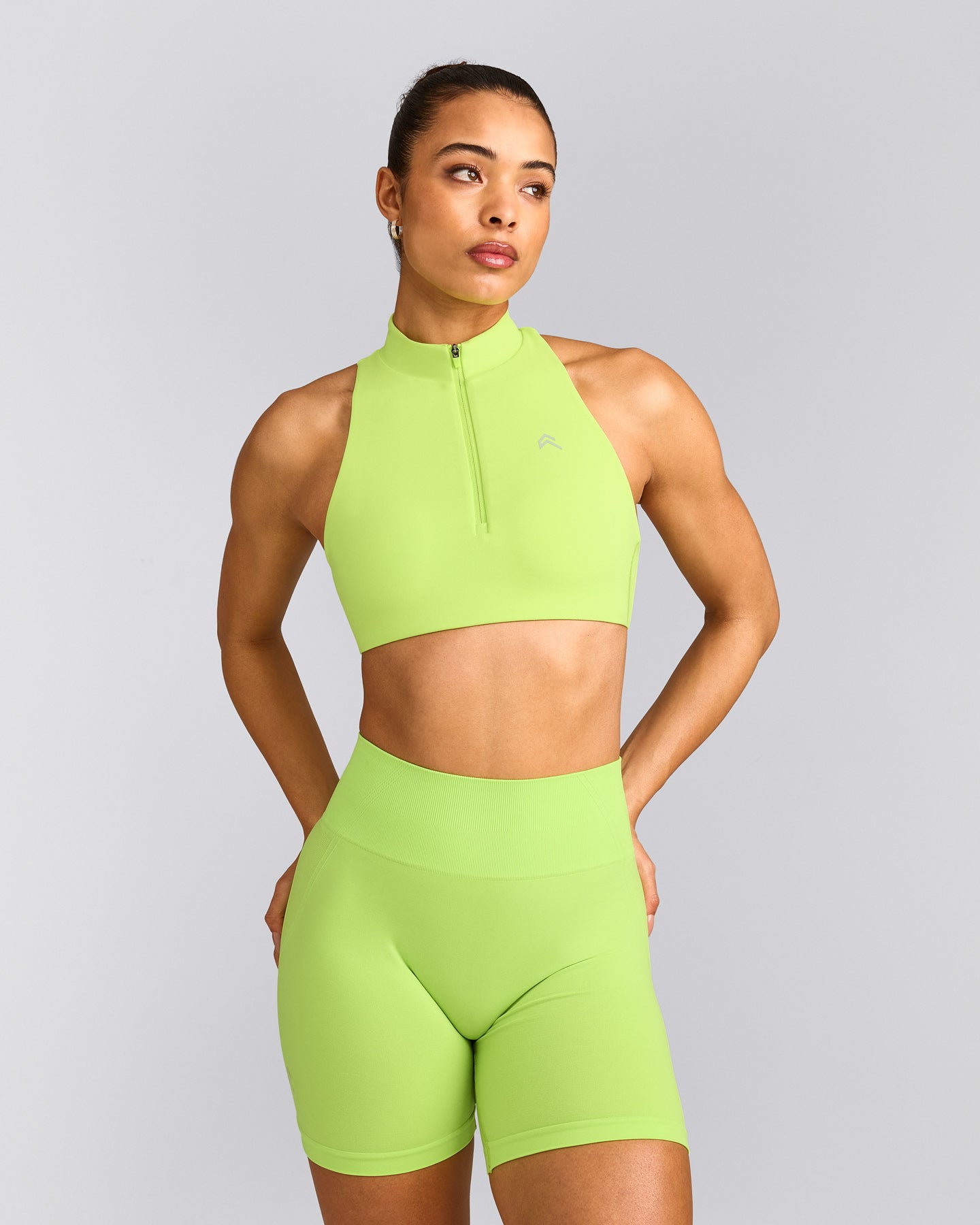 EasyLift™ Zip High Neck Sports Bra with Grey Logo | Citrus Green