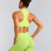 EasyLift™ Zip High Neck Sports Bra with Grey Logo | Citrus Green