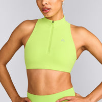 EasyLift™ Zip High Neck Sports Bra with Grey Logo | Citrus Green