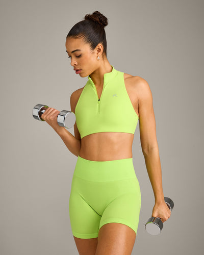 EasyLift™ Zip High Neck Sports Bra with Grey Logo | Citrus Green