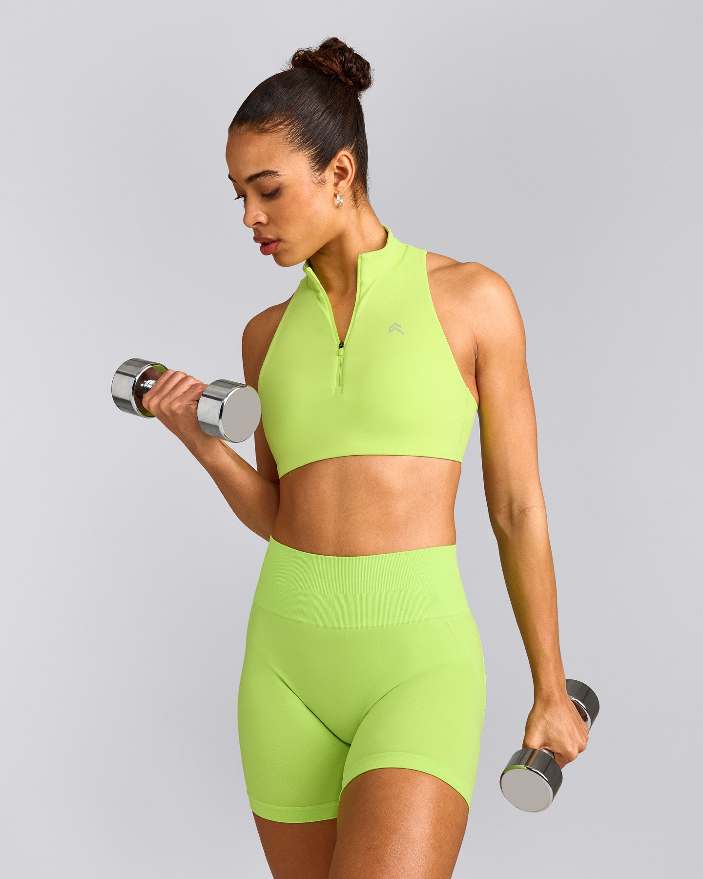 EasyLift™ Zip High Neck Sports Bra with Grey Logo | Citrus Green