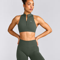 EasyLift™ Zip High Neck Sports Bra with Gray Logo | Dark Khaki
