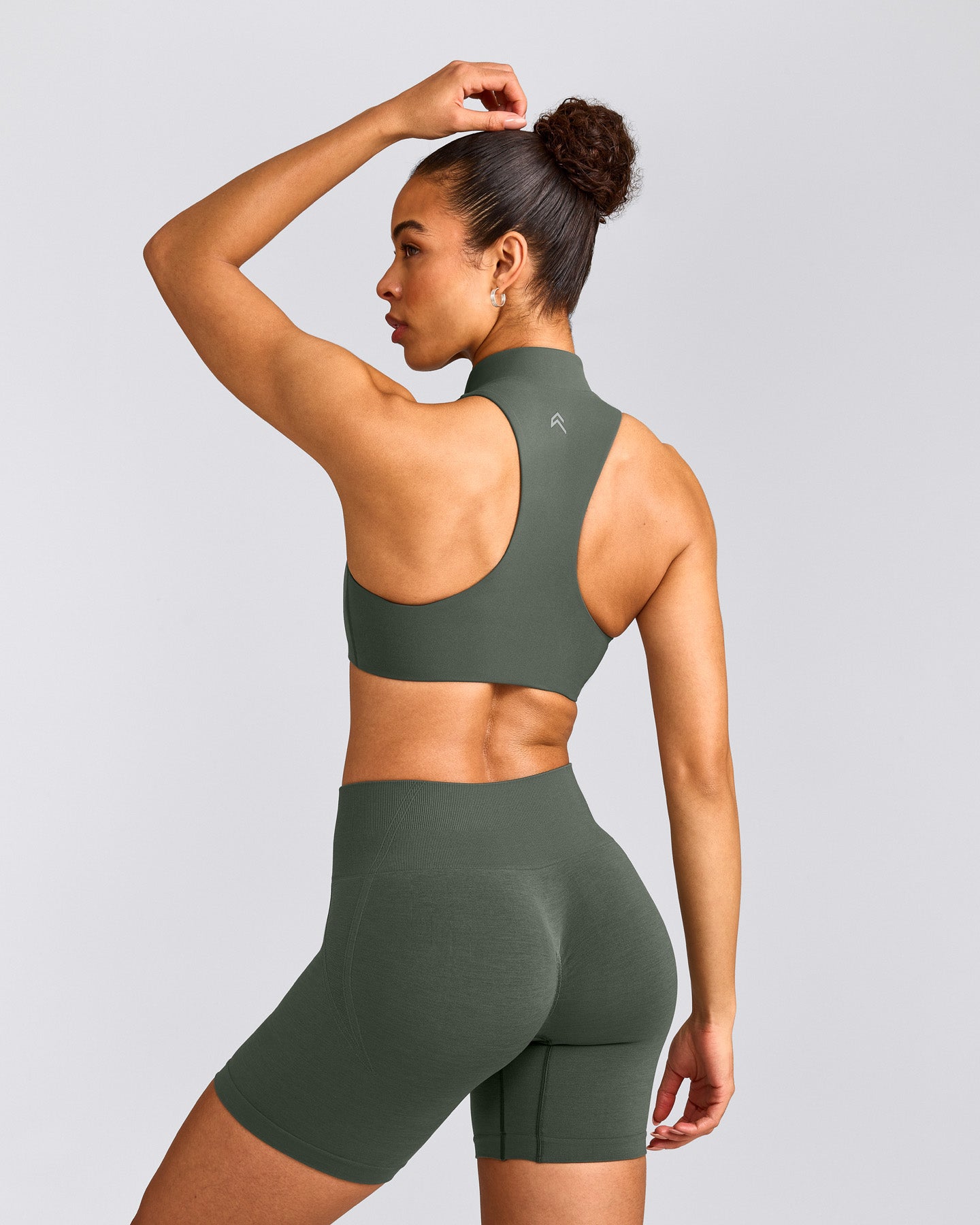 EasyLift™ Zip High Neck Sports Bra with Gray Logo | Dark Khaki