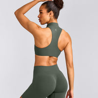 EasyLift™ Zip High Neck Sports Bra with Gray Logo | Dark Khaki